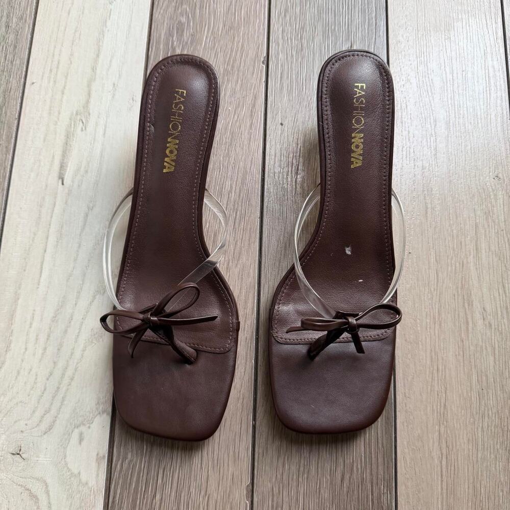 Fashion Nova Clear Strap Bow Heel Sandals Brown Women’s Size 10